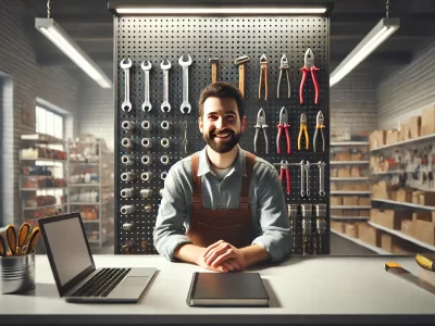 DALL·E 2024-12-30 12.53.57 – A realistic image of a hardware store owner with a happy expression, positioned behind a service counter. Behind him, there is a perforated panel with DALL·E 2024-12-30 12.53.57 - A realistic image of a hardware store owner with a happy expression, positioned behind a service counter. Behind him, there is a perforated panel with